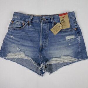 Levi's 501 Original Shorts Women's Denim Blue Distressed Raw Hem Size 28